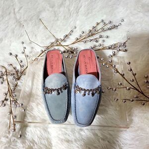 Fieramosca sky blue all leather suede, rubber,soles, size 5 with gorgeous charms